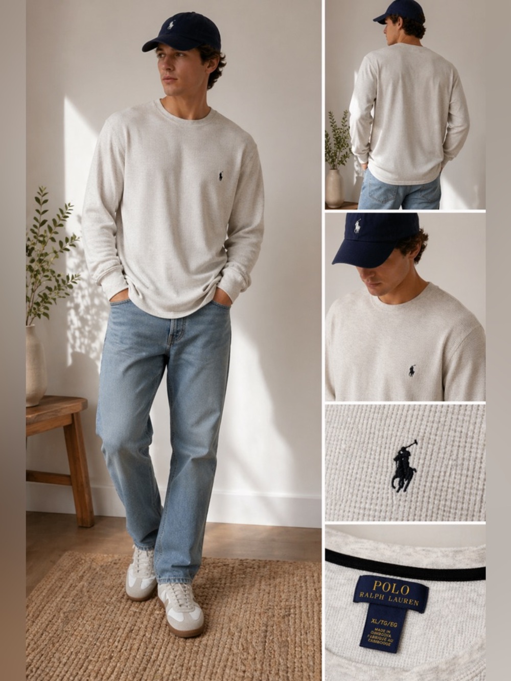 Polo Ralph Lauren Waffle Knit Thermal Shirt Cream Long Sleeve Logo Men 2XL